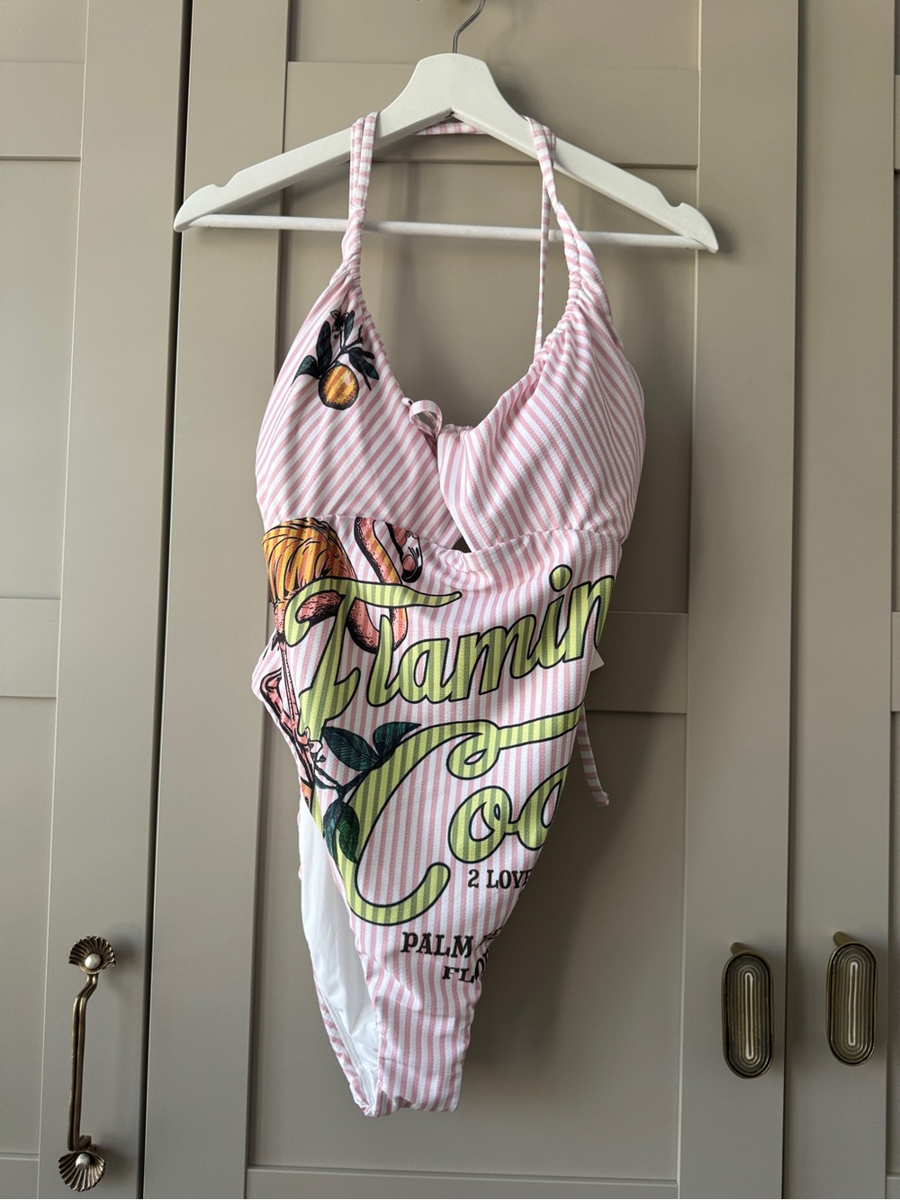 Celandine 🦩 ☀️ Pink Striped Graphic Halter One-Piece Swimsuit Palm Beach Florida
